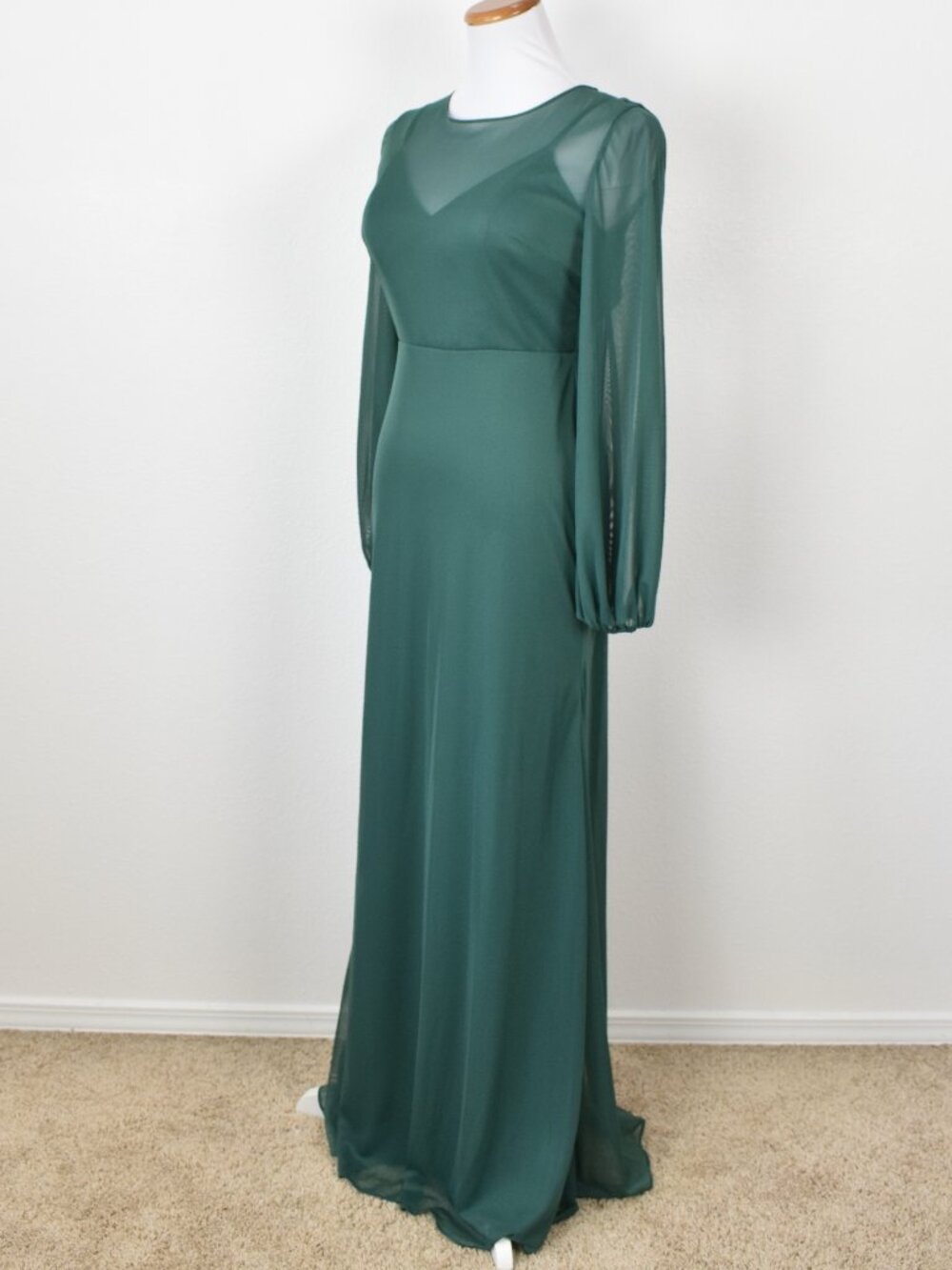 Azazie DENALI Dark Green Long Sleeve Mesh Dress NEW - 6 - Picture 5 of 12